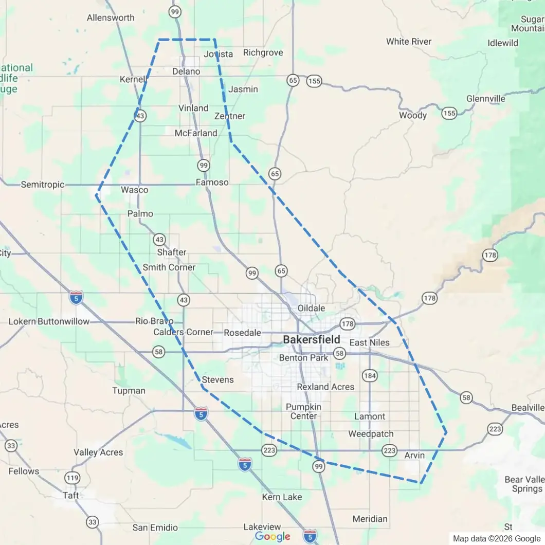 Map of the Bakersfield Drywall Repair Pros service area, from Delano and McFarland to Arvin and Lamont, including Bakersfield, Oildale, Shafter and Wasco